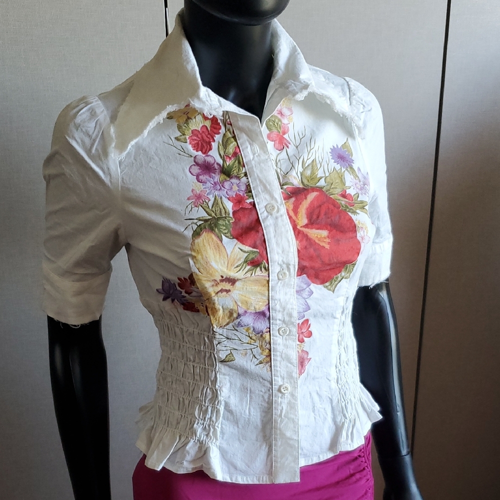 EUC y2k Lili Rose Floral Shirred Short Sleeve Blouse